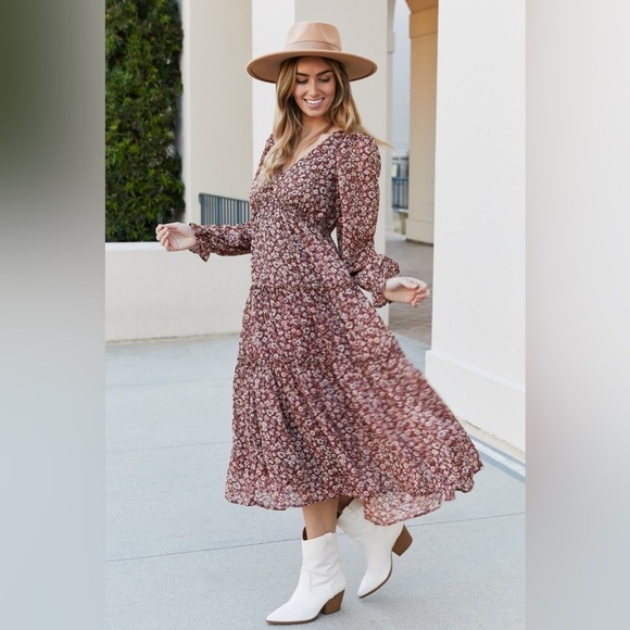 Mine and E&M Floral V-Neck Flounce Sleeve Dress Chestnut - Picture 1 of 7